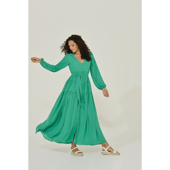 Maxi Dress | Button Up Maxi Dress | Long Sleeve | Green | NWT - Picture 2 of 8